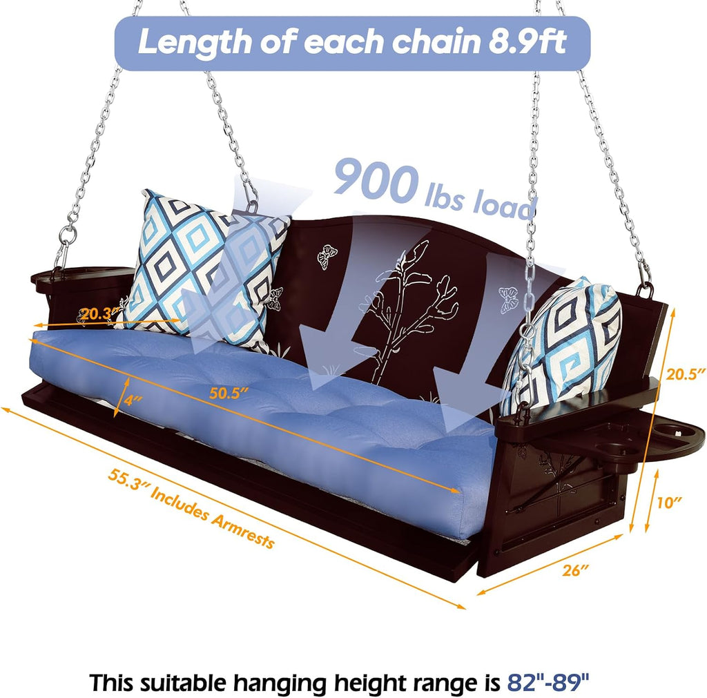 3-Seat Metal Porch Swing 900 LBS Heavy Duty Hanging Bench with Upgraded Tray & Cushions Rust-Resistant Finish Swing Chair with 8.9FT Chains for Patio Lawn Garden