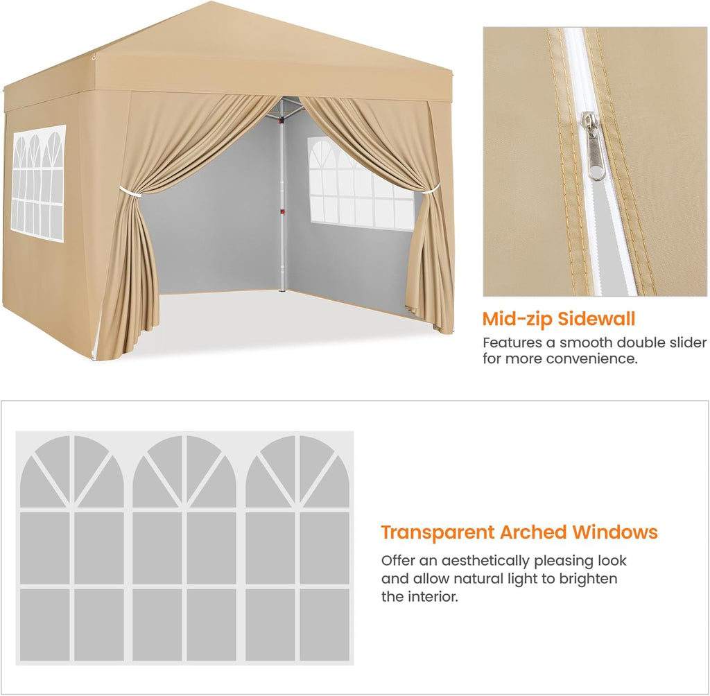 Yaheetech 10x10 Pop Up Canopy with 4 Removable Sidewalls, Portable Enclosed Instant Tent, Waterproof Outdoor Tent, Beach Sun Shelter with 4 Sandbags, 12 Stakes & 4 Ropes, Khaki