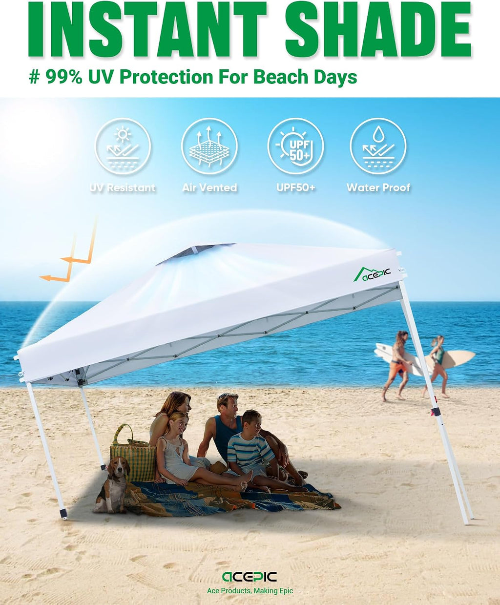 Acepic 10x10 Pop Up Canopy Tent, One Push Instant Outdoor Gazebo with Vented Top, Upgraded 300D Silver Coated Sun Shade for Parties Camping Vendor, Includes Wheeled Bag and 4 Sandbags, White