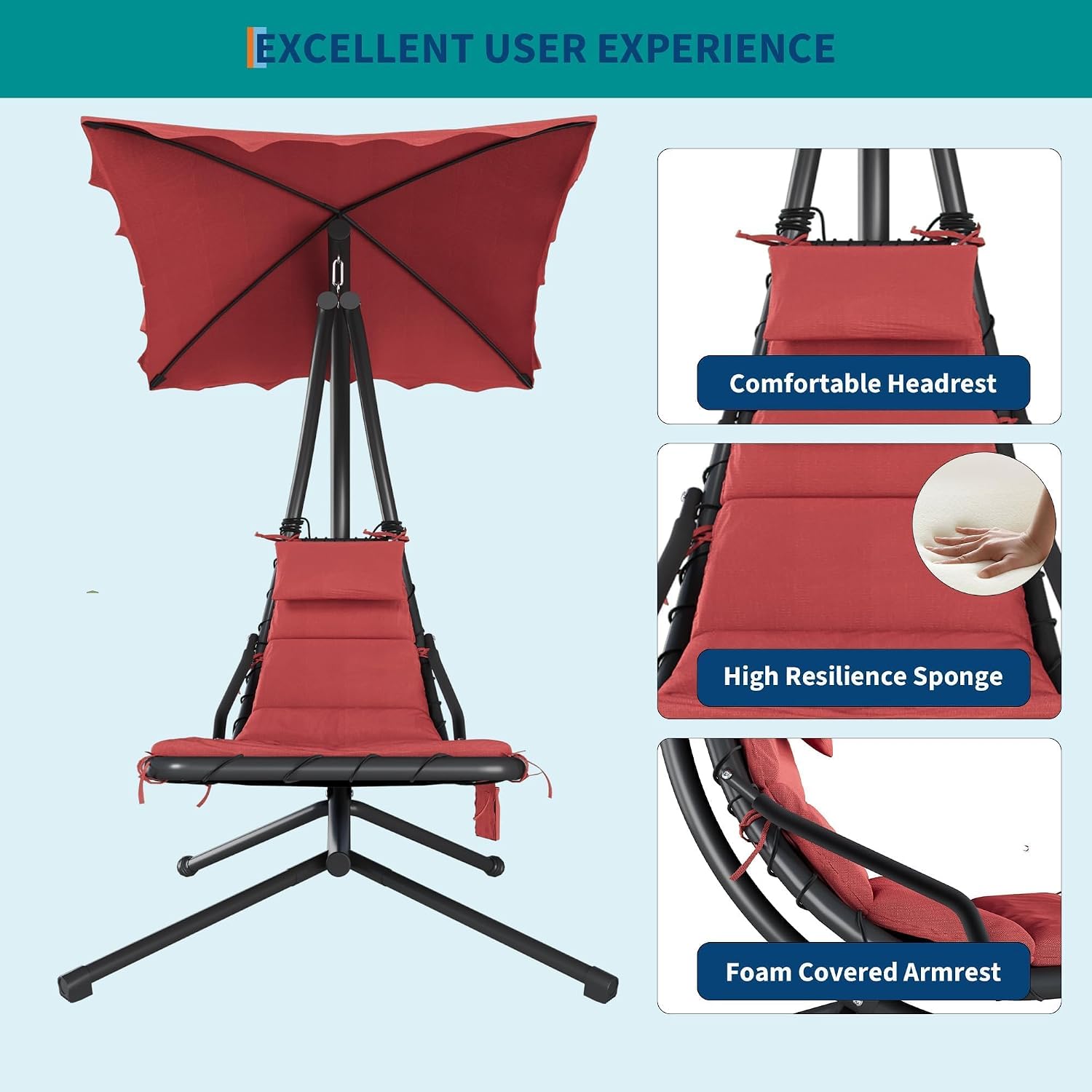 GarveeLife Chaise Lounger Swing Chair with Umbrella Canopy, Patio Hanging Chaise Lounger Chair with Stand, Curved Steel Outdoor Lounge Chairs for Indoor Patio Pool Garden Backyard Porch