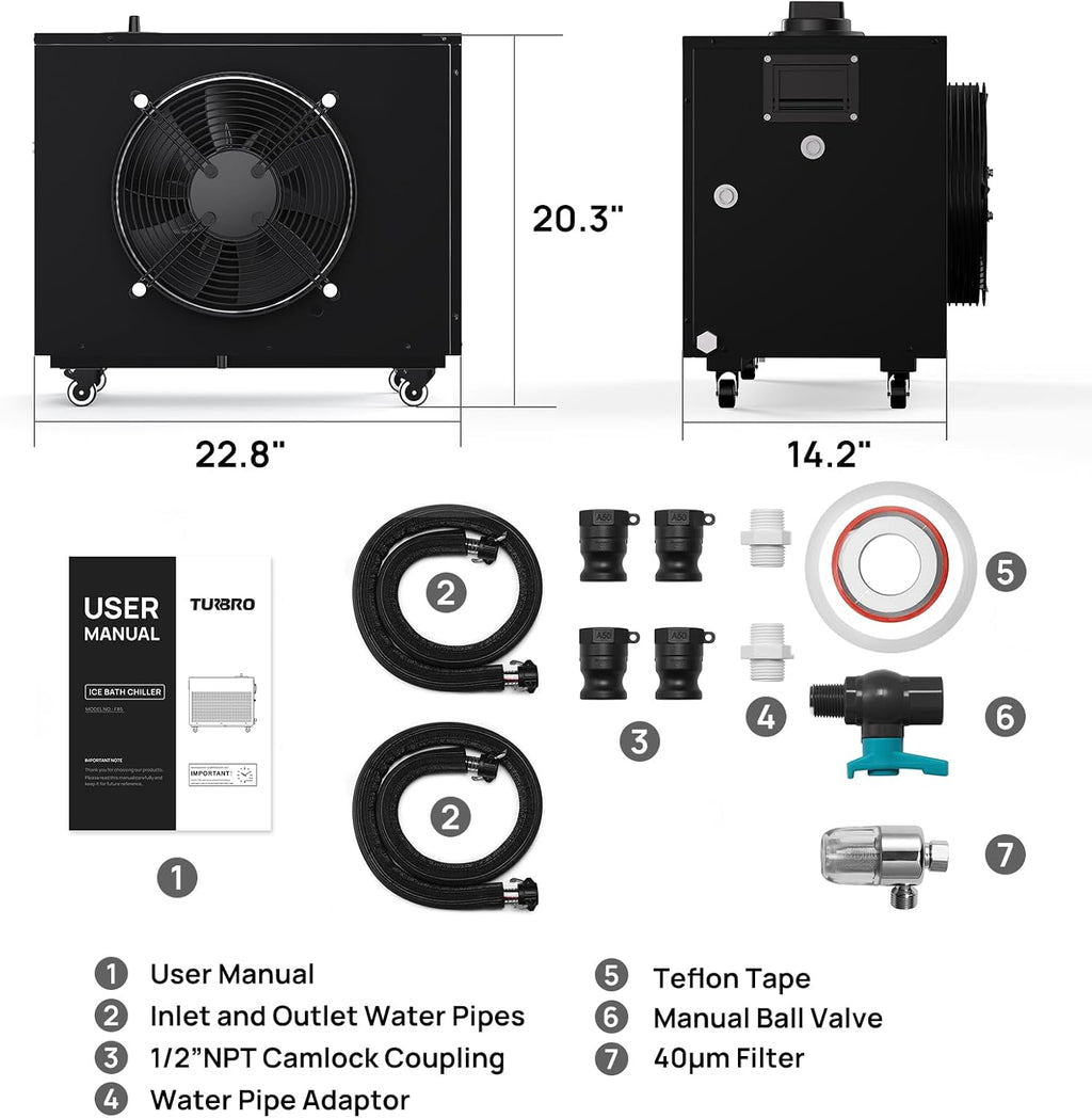 TURBRO 1 HP 9,300BTU, Cold Plunge Chiller, Smart Ice Bath Water Chiller with Schedule Timer, Dual Filters and Ozone Generator, Wheels, Handles, Insulated Pipes, for Athlete Recovery and Therapy, F85