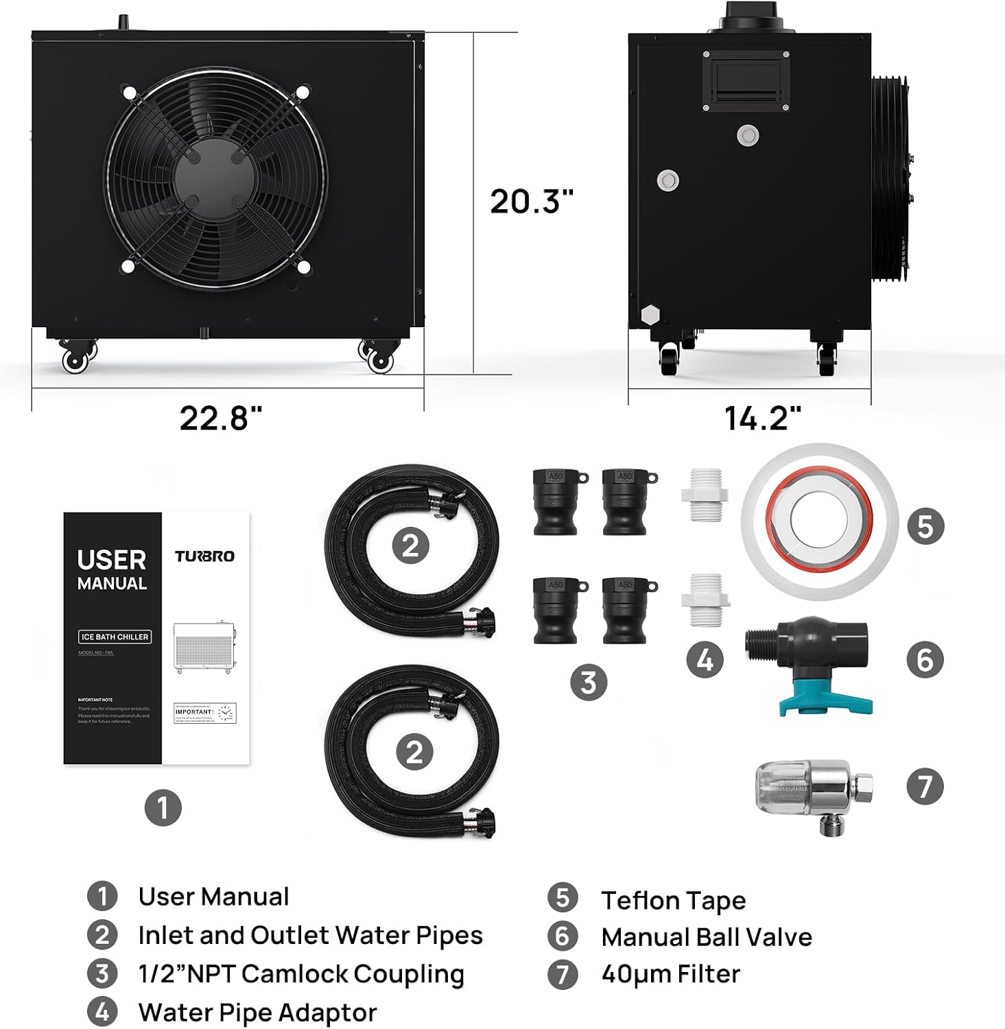 TURBRO 1 HP 9,300BTU, Cold Plunge Chiller, Smart Ice Bath Water Chiller with Schedule Timer, Dual Filters and Ozone Generator, Wheels, Handles, Insulated Pipes, for Athlete Recovery and Therapy, F85