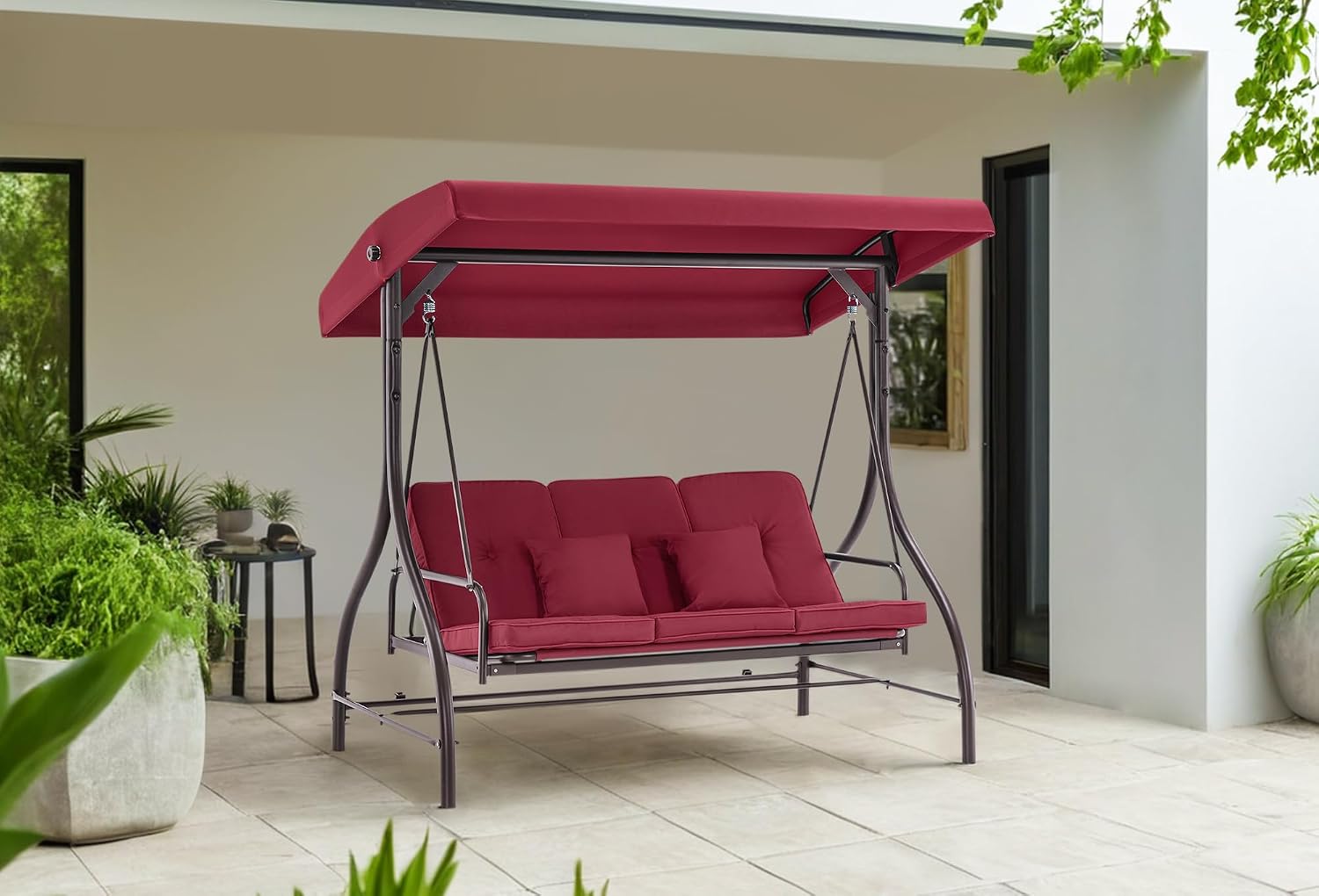 MCombo 3-Seat Outdoor Patio Swing Chair, 2-in-1 Convertible Porch Swing Glider Chair with Removable Cushions, Adjustable Canopy & Pillows for Backyard, Deck, Garden, 4068 (Burgundy)