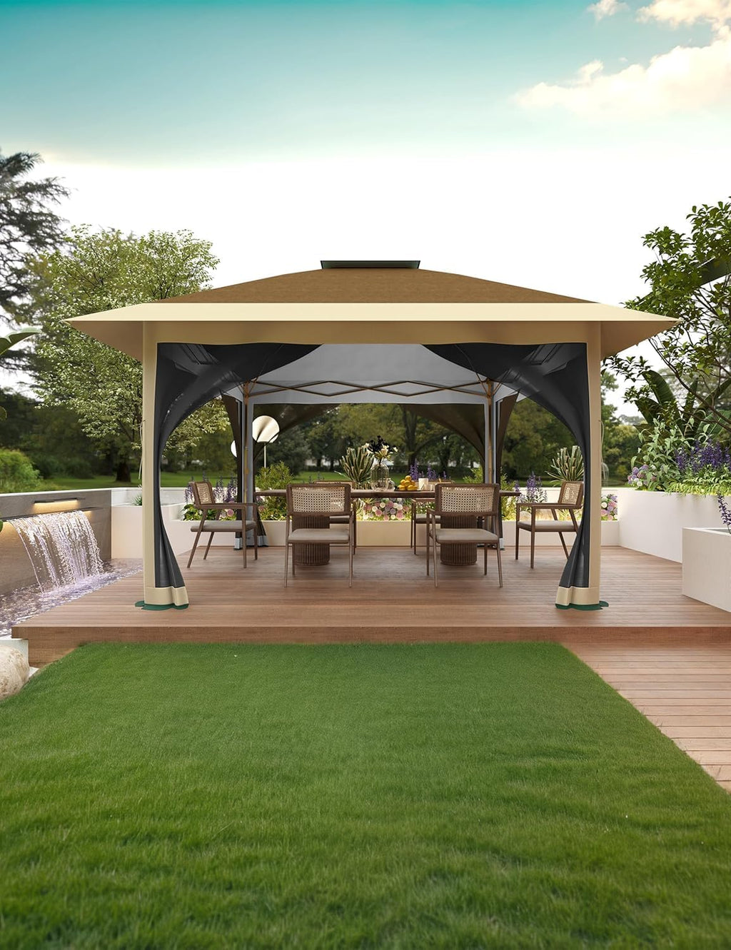 13x13FT Outdoor Pop Up Gazebo, Patio Gazebo with Mosquito Netting and Double Roof, 3 Adjustable Heights Foldable Tent Shelter Quick Setup, for Patio, Garden, Backyard, Party, Deck (Khaki)
