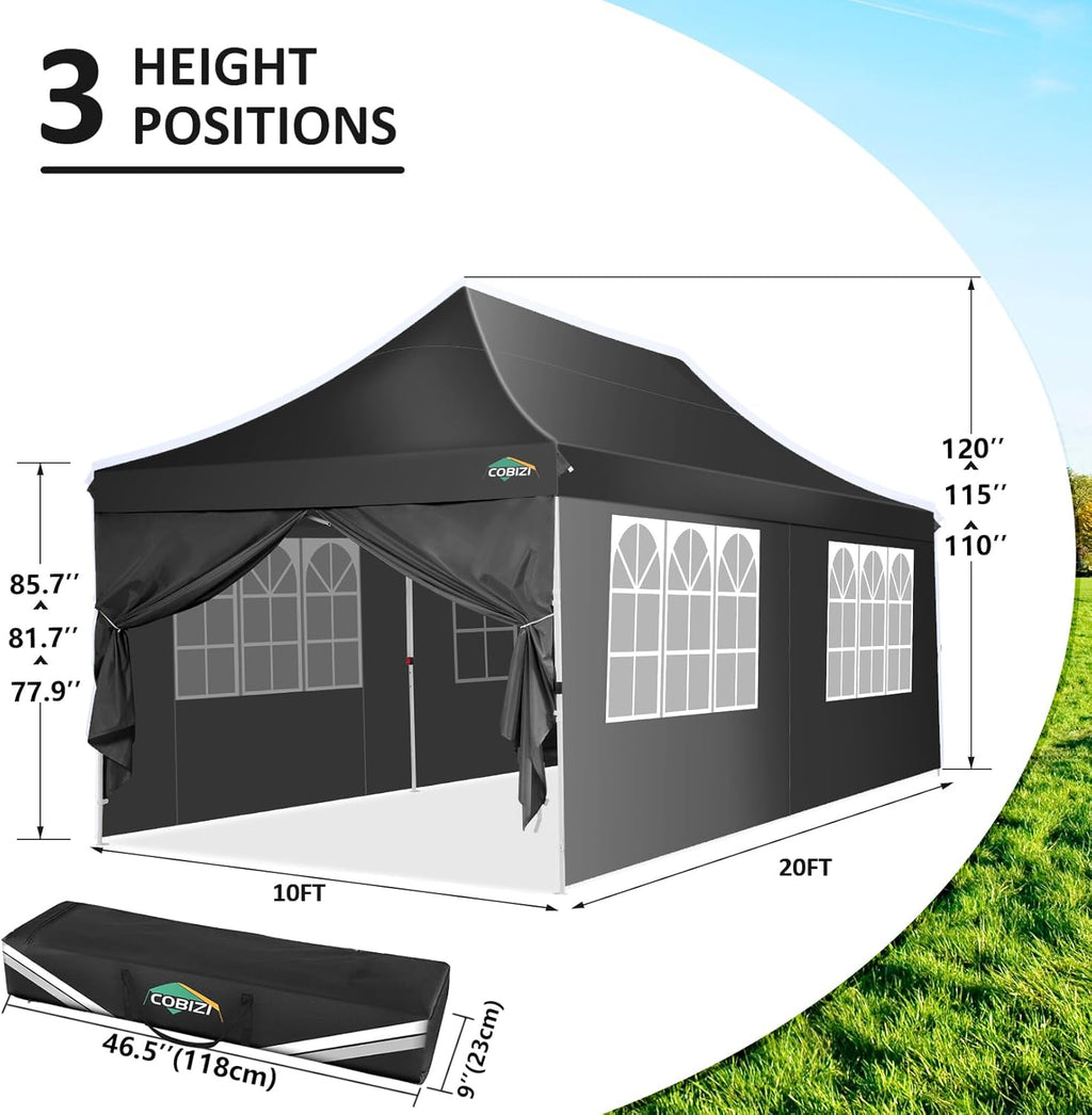 COBIZI 10x20ft Pop Up Canopy Tent with 6 Removable Sidewalls, Easy Up Commercial Canopy, Waterproof and UV50+ Gazebo with Portable Bag, Adjustable Leg Heights,Party Tents for Parties, with 4 Sandbags