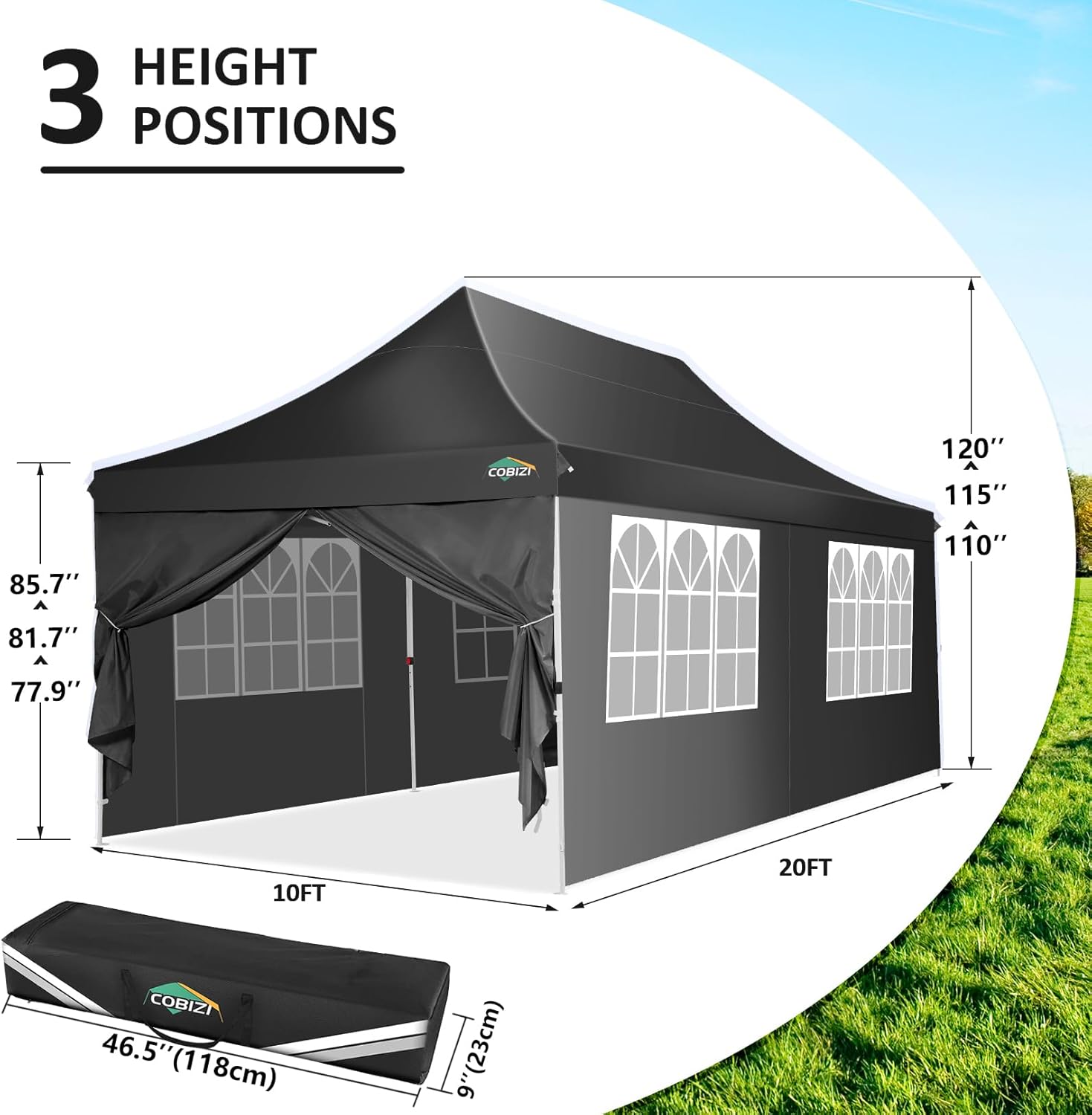 COBIZI 10x20ft Pop Up Canopy Tent with 6 Removable Sidewalls, Easy Up Commercial Canopy, Waterproof and UV50+ Gazebo with Portable Bag, Adjustable Leg Heights,Party Tents for Parties, with 4 Sandbags