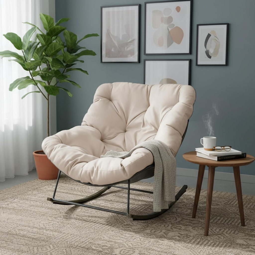 Outdoor Rocking Chairs Set of 2,Oversized Papasan Chair with Cushion and Frame, Comfy Modern Rocker Egg Chair for Living Room, Garden Backyard(Beige,2PC)