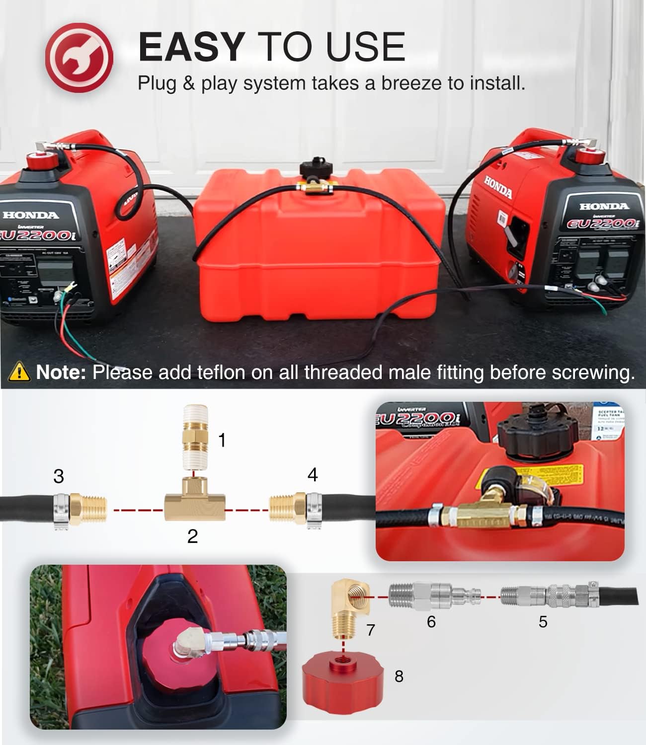 HND1.2CD Dual System Extended Run Generator Fuel Kit for Honda EU1000i, EU2000i, EU2200i, Polaris P1000i, Champion 2000, Generac and Kipor Generators (Without Fuel Tank)