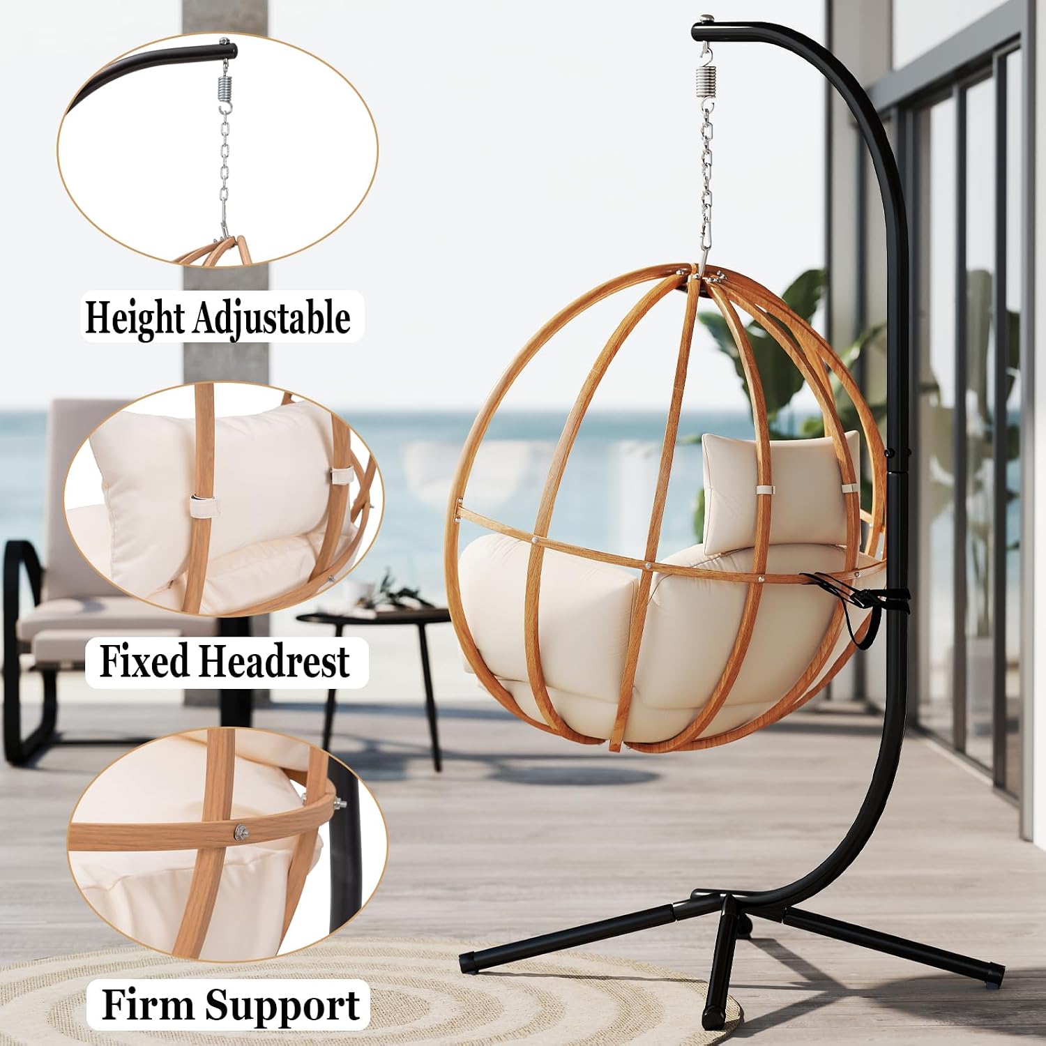Egg Chair with Stand, Egg Swing Chair with Stand Outdoor, Outdoor Indoor Egg Swing Chair with Cushion Headrest for Patio, Porch, Balcony, Bedroom, Beige