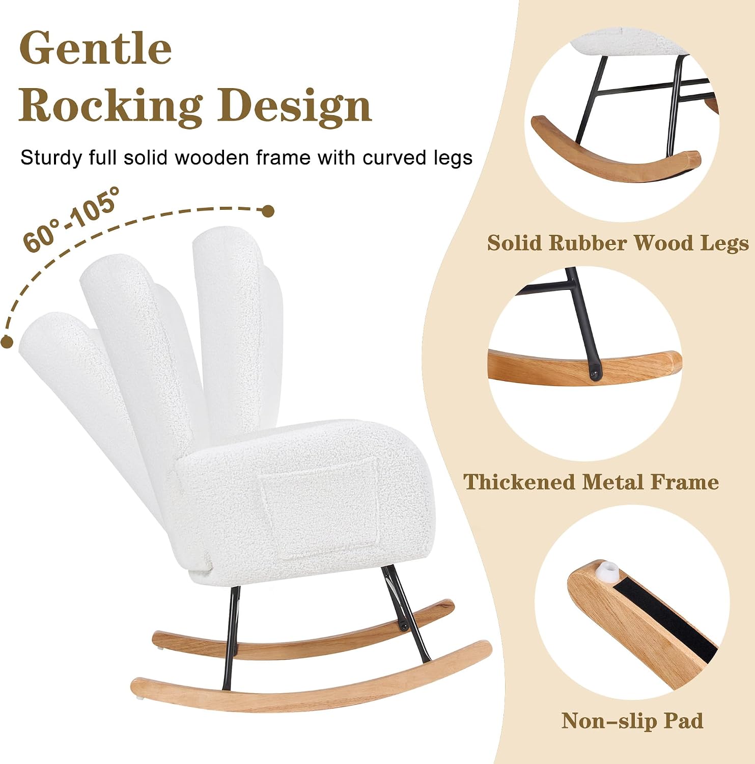 VECELO Rocking Chair Nursery with Thick Headrest, Modern Teddy Upholstered Reading Glider Rocker Accent Armchair with High Backrest, Padded Seat, Side Pocket, for LivingRoom, Bedroom, Baby Room, White
