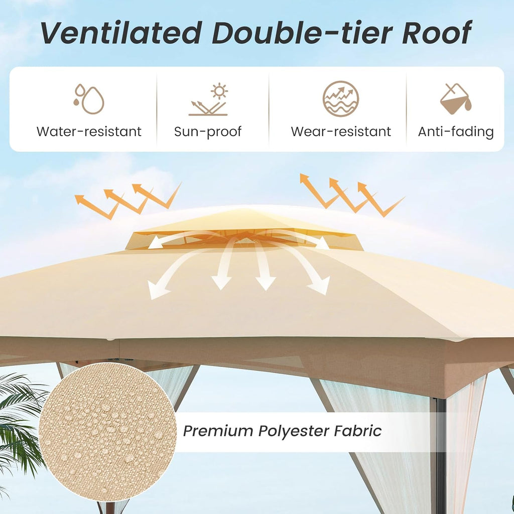 Tangkula 10x12 FT Outdoor Gazebo with Netting, Double Roof Patio Shelter with 4 Sandbags, Zippered Doors, Heavy-Duty Metal Frame, Metal Patio Gazebo for Yard Garden Lawn (Khaki)