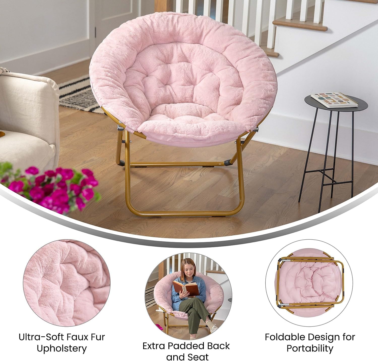 Flash Furniture Gwen Oversize Folding Saucer Chair - Blush Faux Fur Moon Chair - Soft Gold Metal Frame - 38' Portable Folding Chair - for Dorm and Bedroom