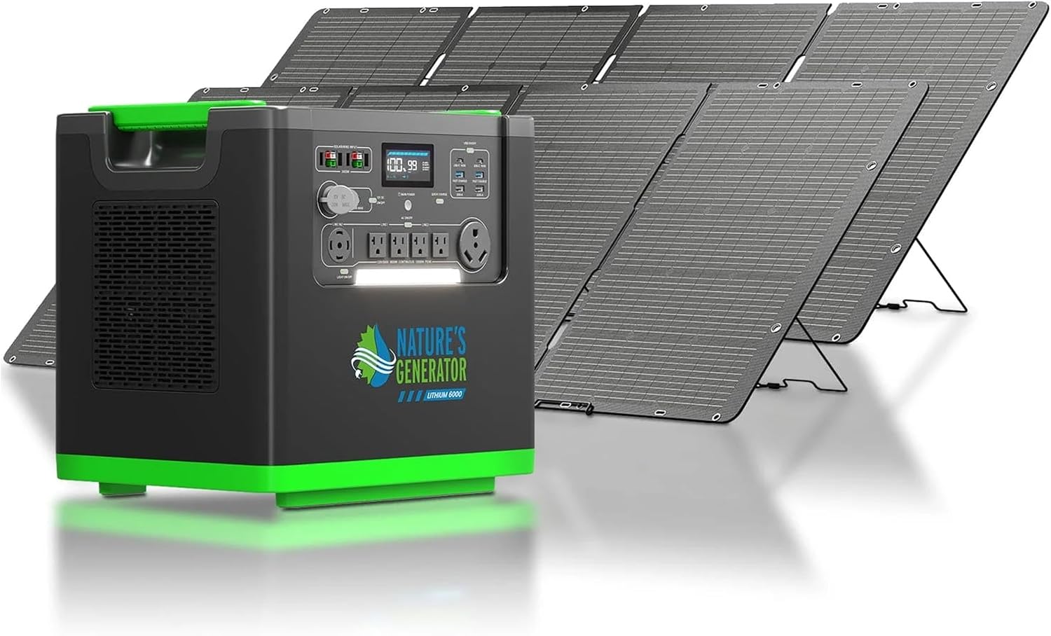 Natures Generator 3840Wh Solar Generator + 2 Packs 400W Folding Panels, Lithium Batteries, 6000W Power Station for Home Backup, RVs, Emergencies, Power Outages, and Outdoor Camping