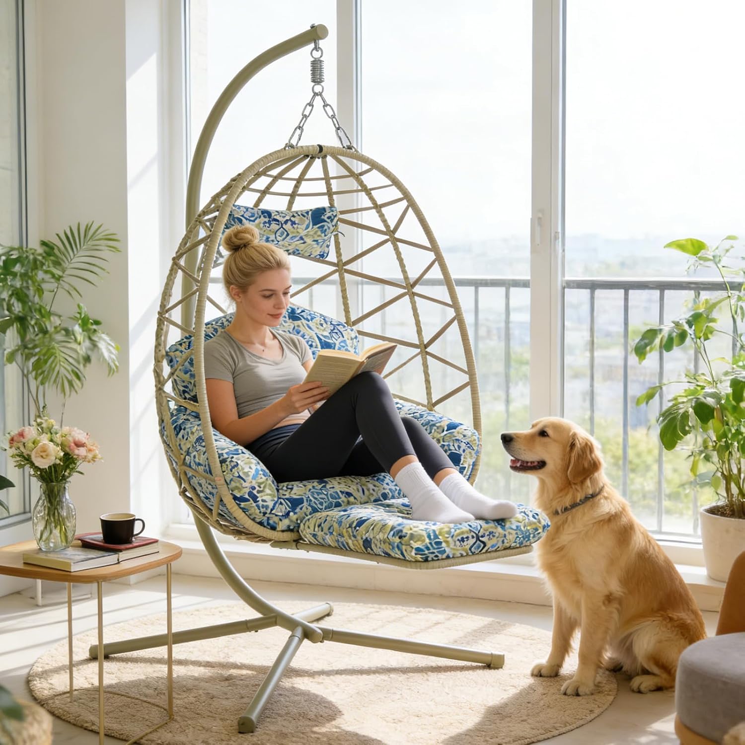 Hanging Egg Chair with Stand & Leg Rest,Rattan Wicker Swing Chair with Cushion,Patio Basket Hanging Chair Wicker Hammock Chair for Indoor Outdoor Bedroom Garden,300LBS (Coffee Rattan&Floral Cushion)