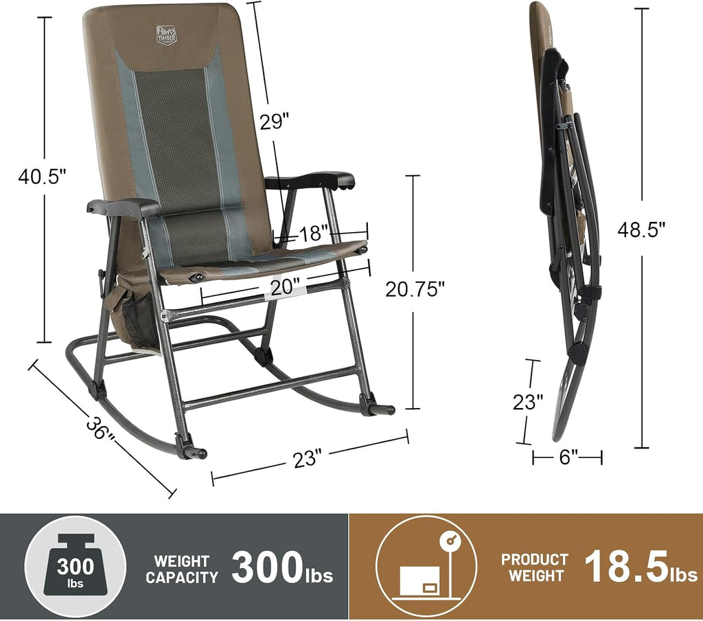 TIMBER RIDGE Outdoor Folding Rocking Chair, 29' Padded High Back Neck & Back Support, Hard Armrests for Easy Stand Up, Stable Steel Frame Supports 300 lb, Quick Fold for Patio, Lawn & RV Camping,Brown