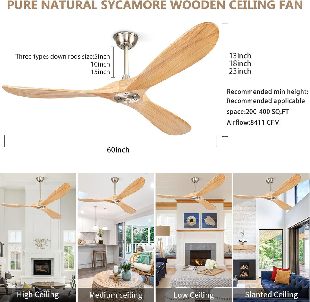 60' Ceiling Fans Without Lights, Wood Ceiling Fan with Remote Control No Light, Outdoor Propeller Ceiling Fan with 3 Blades,Brushed Nickel Outdoor Ceiling Fans for Patios (Nature Wood)