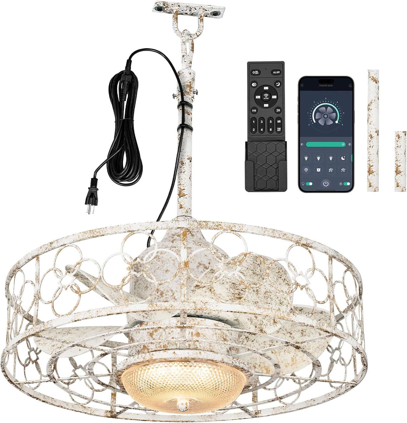 20' Outdoor Ceiling Fan with Light for Patios Waterproof Caged Gazebo Fans Outdoor Hanging Lighting with Plug-in Cord, Dimmable LED, Remote APP Control, 6 Speeds for Pergola Porch Gazebo (White)