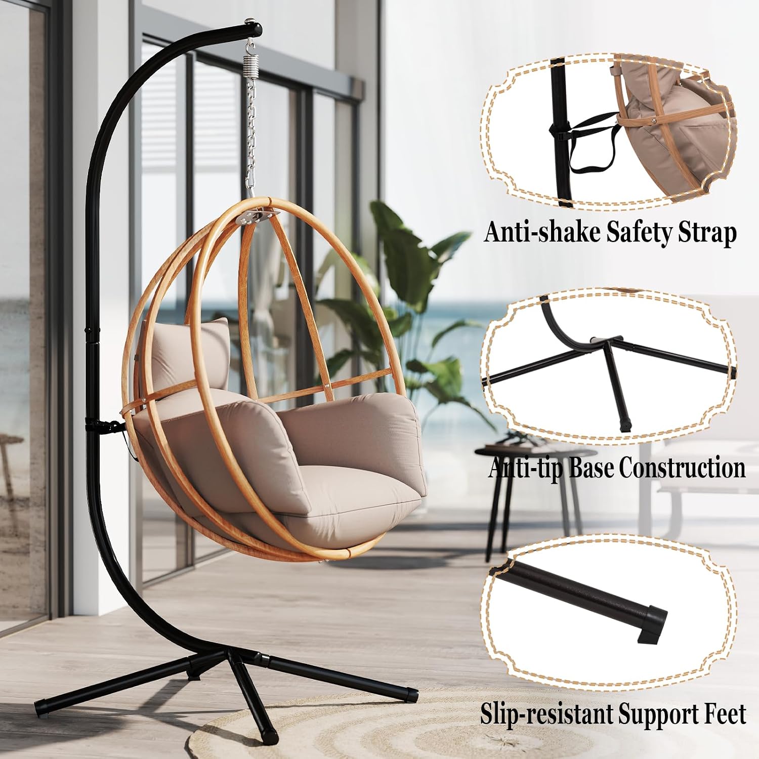 Egg Chairs with Stand, Egg Swing Chair Outdoor, Hanging Swinging Chairs with Stand for Balcony, Swing Egg Chair with Cushion 400LBS Capacity, Brown