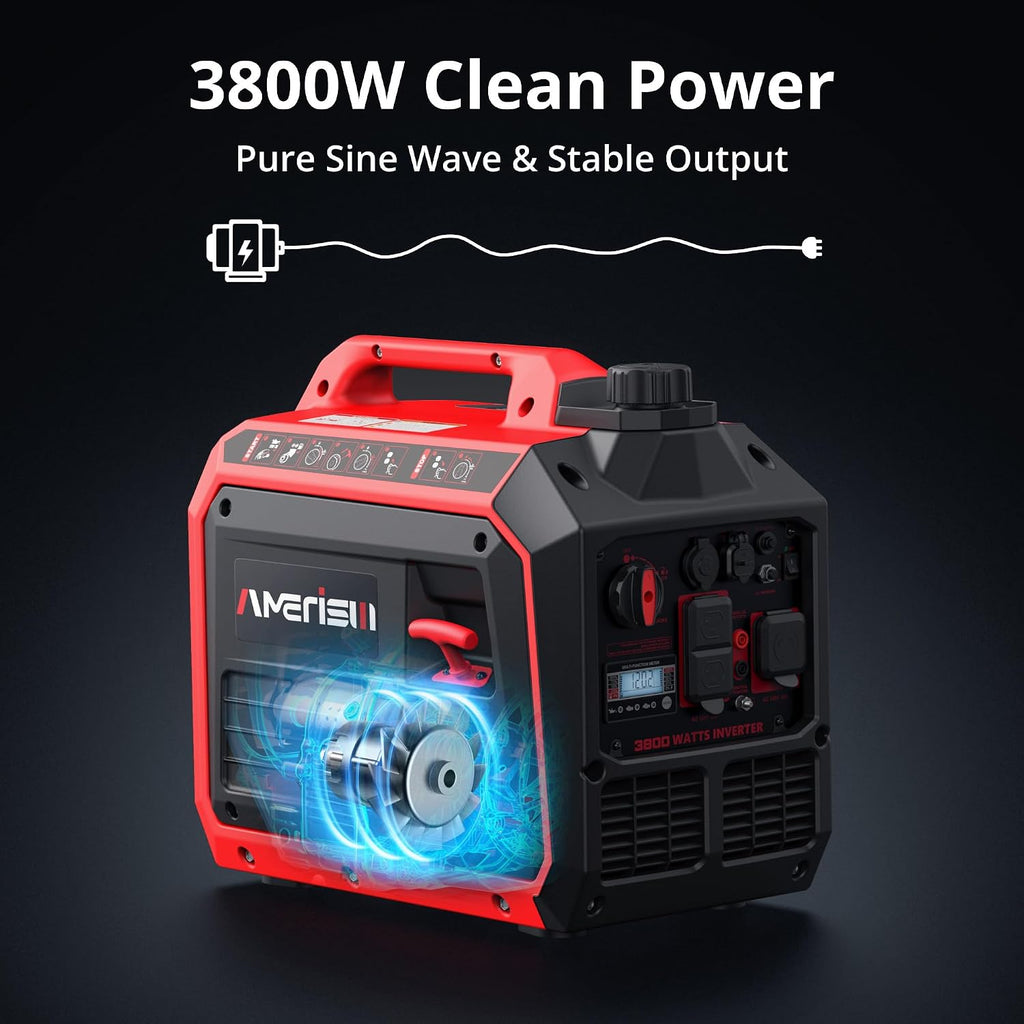 AMERISUN 3800W Gas Powered Portable Inverter Generator, Gas Generator with CO Sensor ECO Mode Digital Display, Parallel Capable EPA Compliant Long Runtime for Camping Tailgating Home Quiet Lightweight