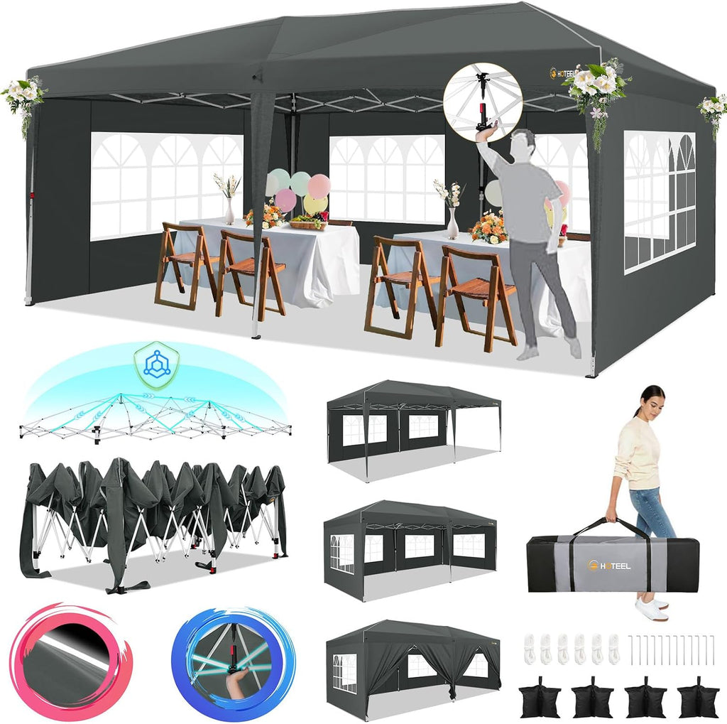 HOTEEL 10x20 Pop up Canopy Tent with 6 sidewalls Easy Up Commercial Outdoor Wedding Party Tents for Parties All Season Wind & Waterproof Gazebo Bag, Gray (Upgraded)