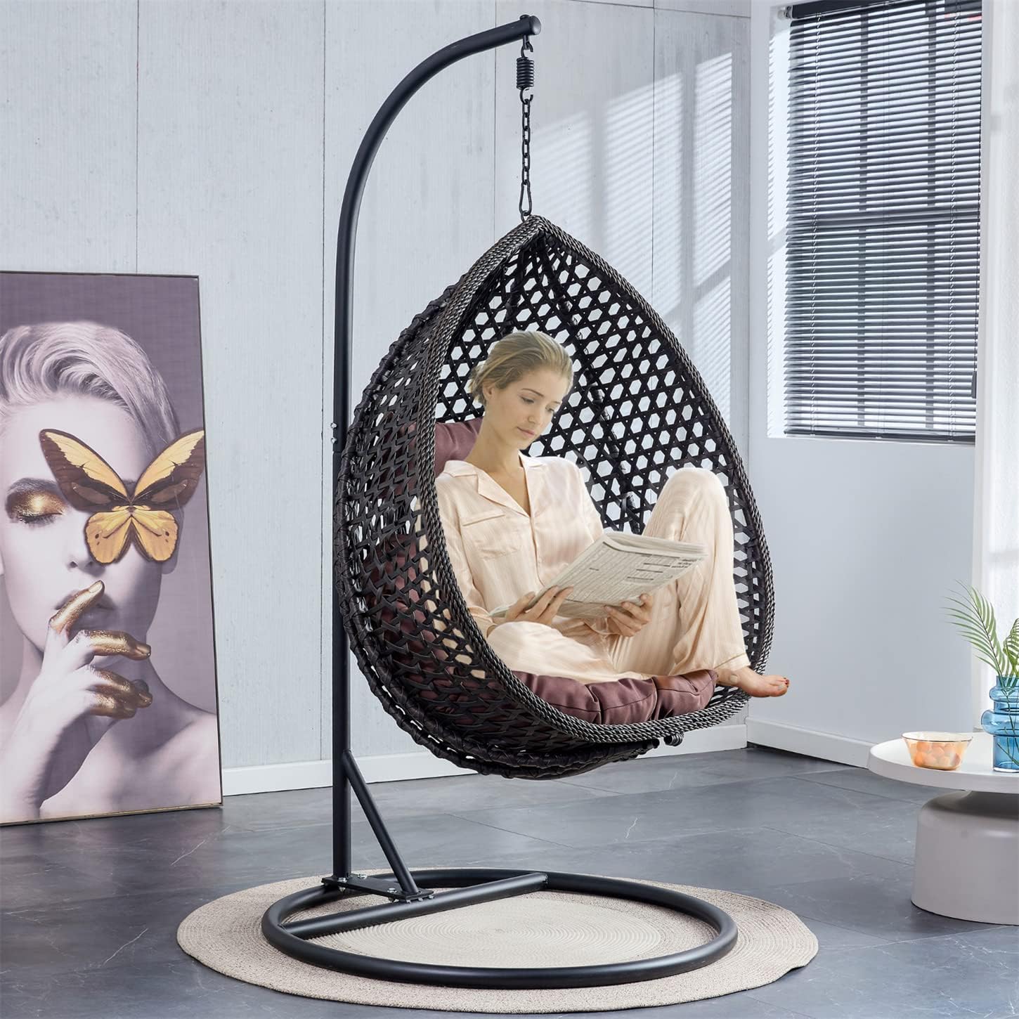 LKTART Egg Swing Chair with Stand Rattan Hanging Egg Chair with Cushions and Pillow Relaxing Chair Foldable Basket & Metal Stand Indoors or Outside 2-Black