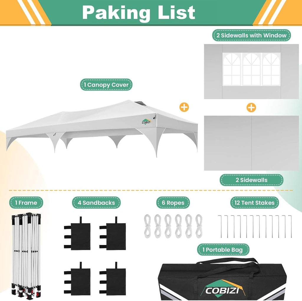 COBIZI 10x20 Pop Up Canopy Tent, Outdoor Party Tent with 4 Sidewalls, 1 Person Easy Set up, Tents for Parties with Fluorescent Strip & 4 Sandbags, Waterproof UPF50+, 3 Adjustable Height, White