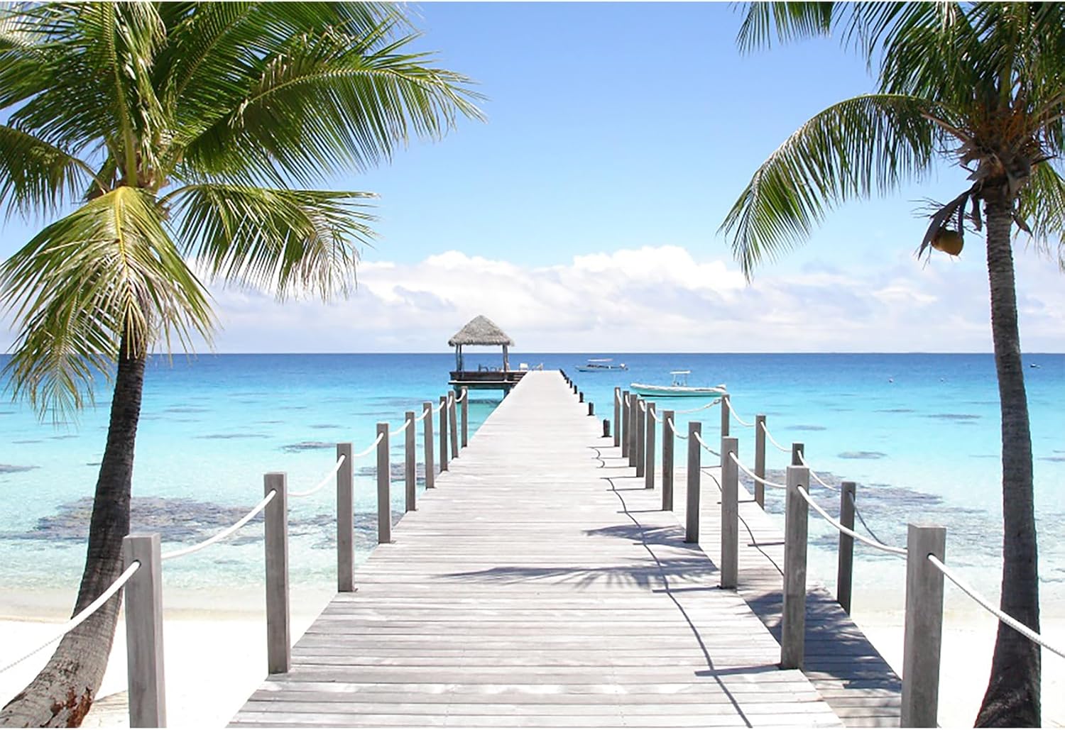 20x10ft Tropical Seaside Backdrop Summer Holiday Coconut Trees Wooden Pier Gazebo Photography Background Wedding Ceremony Honeymoon Birthday Party Summer Party Children Adults Portrait