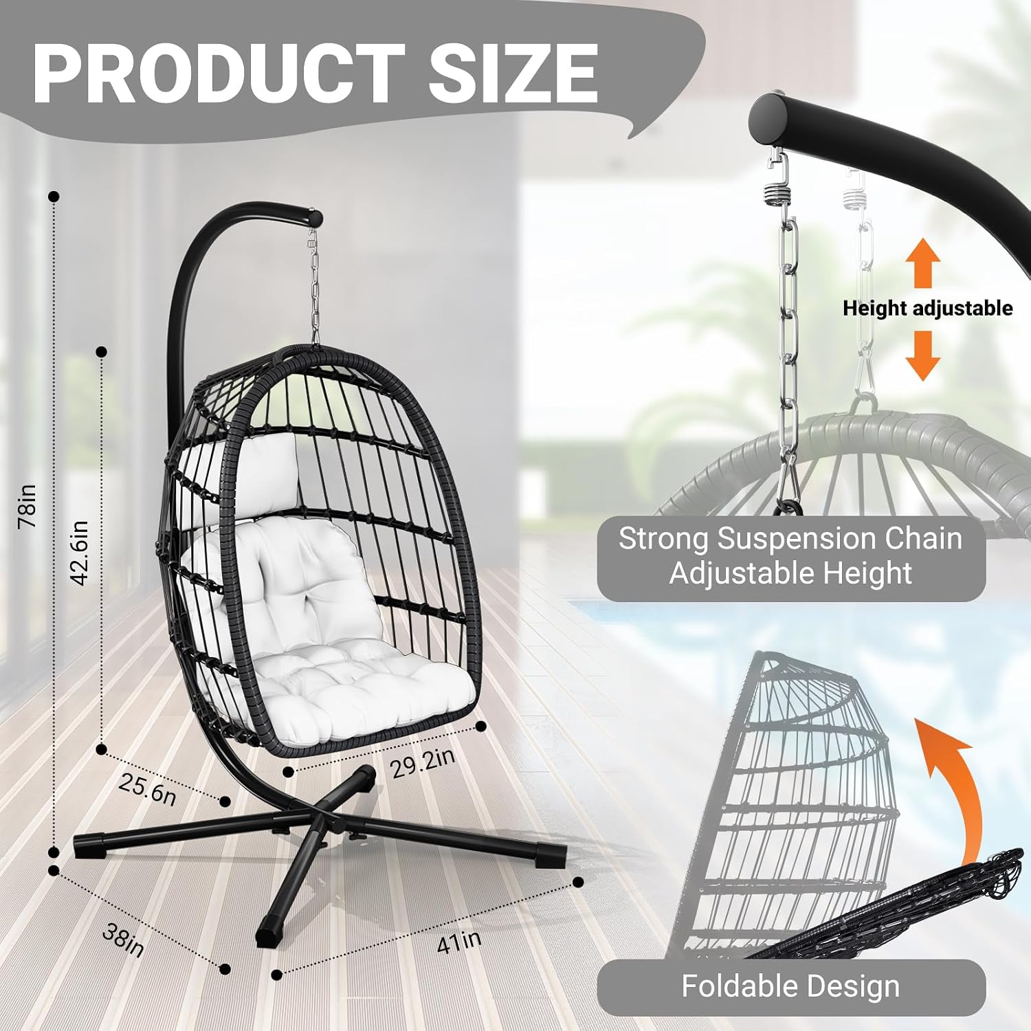 LEVELEVE Egg Chair with Stand,Patio Rattan Wicker Hanging Swing Egg Chair Hammock Chair for Bedroom Porch Garden,Thickened Aluminum Alloy Steel Frame and UV Resistant Cushion,350LBS Capacity