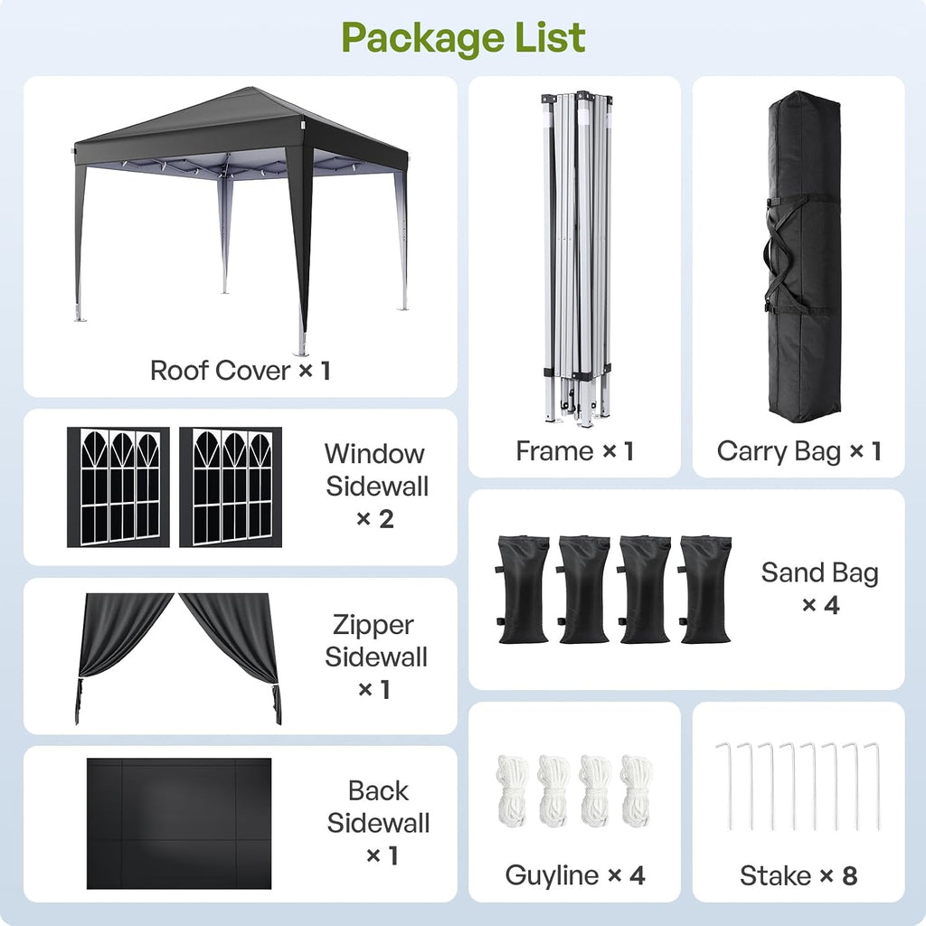 Driftalia 10x10 Pop Up Canopy with Sidewalls, Outdoor Instant Canopy Tent with Carry Bag for Commercial Events, Camping, Backyard Parties - Black