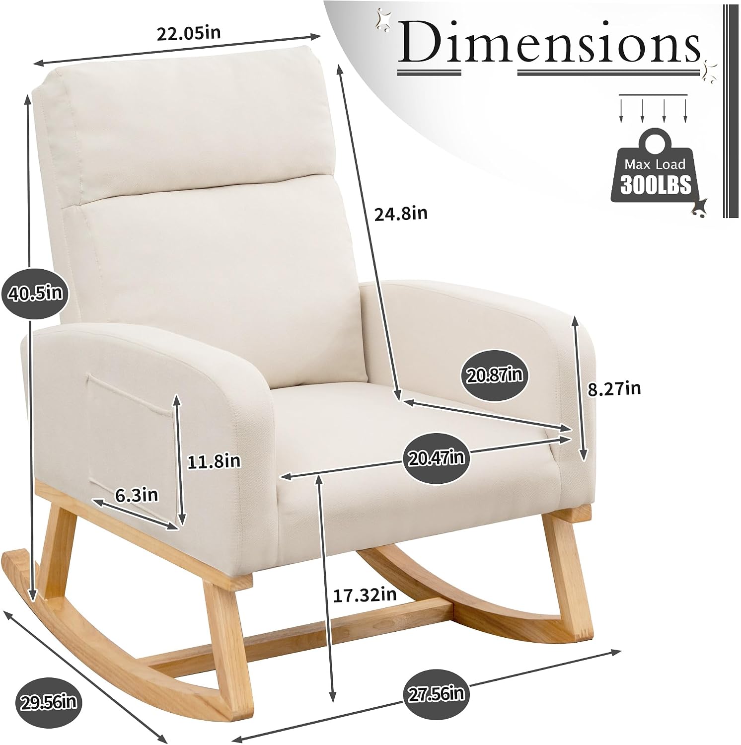 Rocking Chair Nursery, Upholstered Fabric Glider Rocking Nursing Chair with Extended Wood Legs & Side Pocket, Comfy Nursery Chair for Living Room, Bedroom, Beige