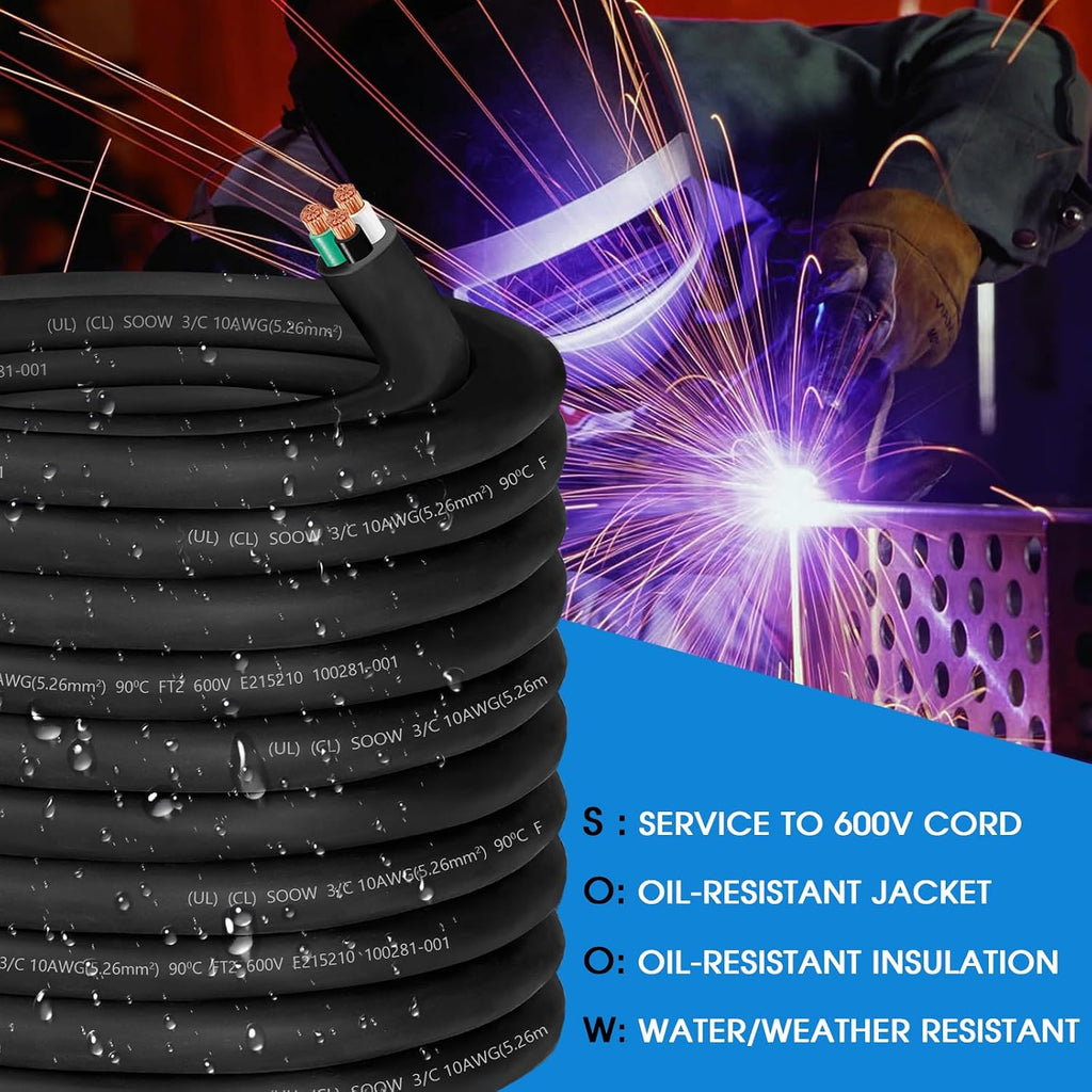 100ft 10/3 10 AWG SOOW Wire,10 Gauge Portable Power Cable 600V 3 Conductor 10/3 10 Gauge SOOW Extension Cord Electric Wire for Motor Lead,Generator,Welder,NEMA 14-30 RV Outlet Box,Car Battery Charger