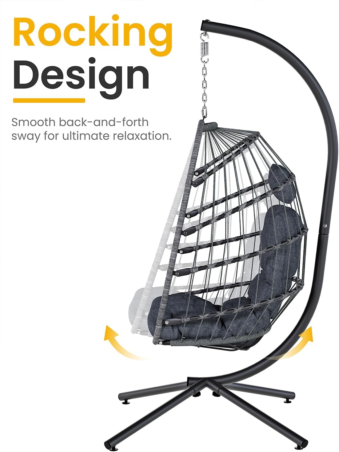Hanging Egg Chair with Stand, Indoor Outdoor Wicker Patio Egg Swing Chair with Cushion for 350LBS Capacity, Hanging Hammock Chair for Bedroom, Garden, Porch - Dark Grey