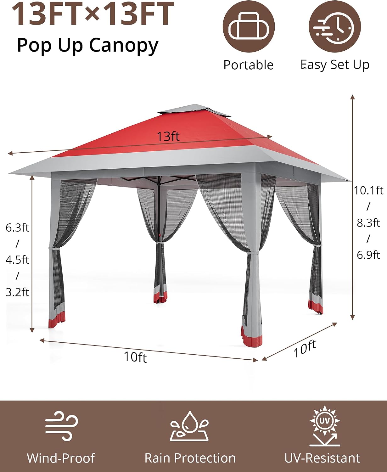 13'x13' Pop Up Gazebo, Outdoor Canopy Tent with Mosquito Netting, Pop Up Canopy with Double Roof Design & Adjustable Height, UV-Resistant Patio Gazebo Sunshade for Graden/Backyard/Lawn/Beach (Red)