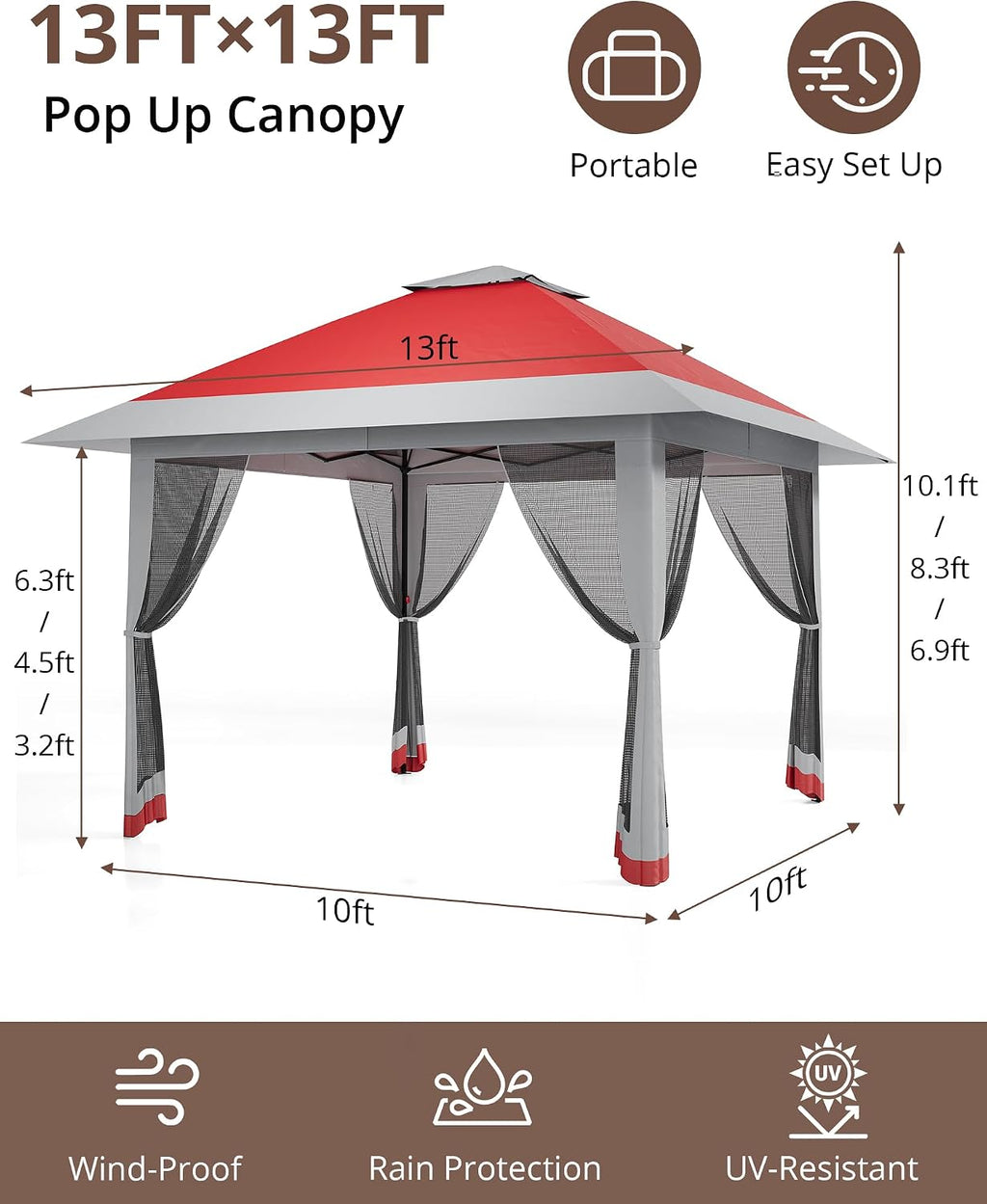 13x13 Pop Up Gazebo, Outdoor Canopy Tent with Mosquito Netting, [Adjustable Height & Spacious] Pop Up Tent with Double Roof, UV-Resistant Outdoor Gazebo for Backyard, Patio, Lawn, Garden, Deck(Red)