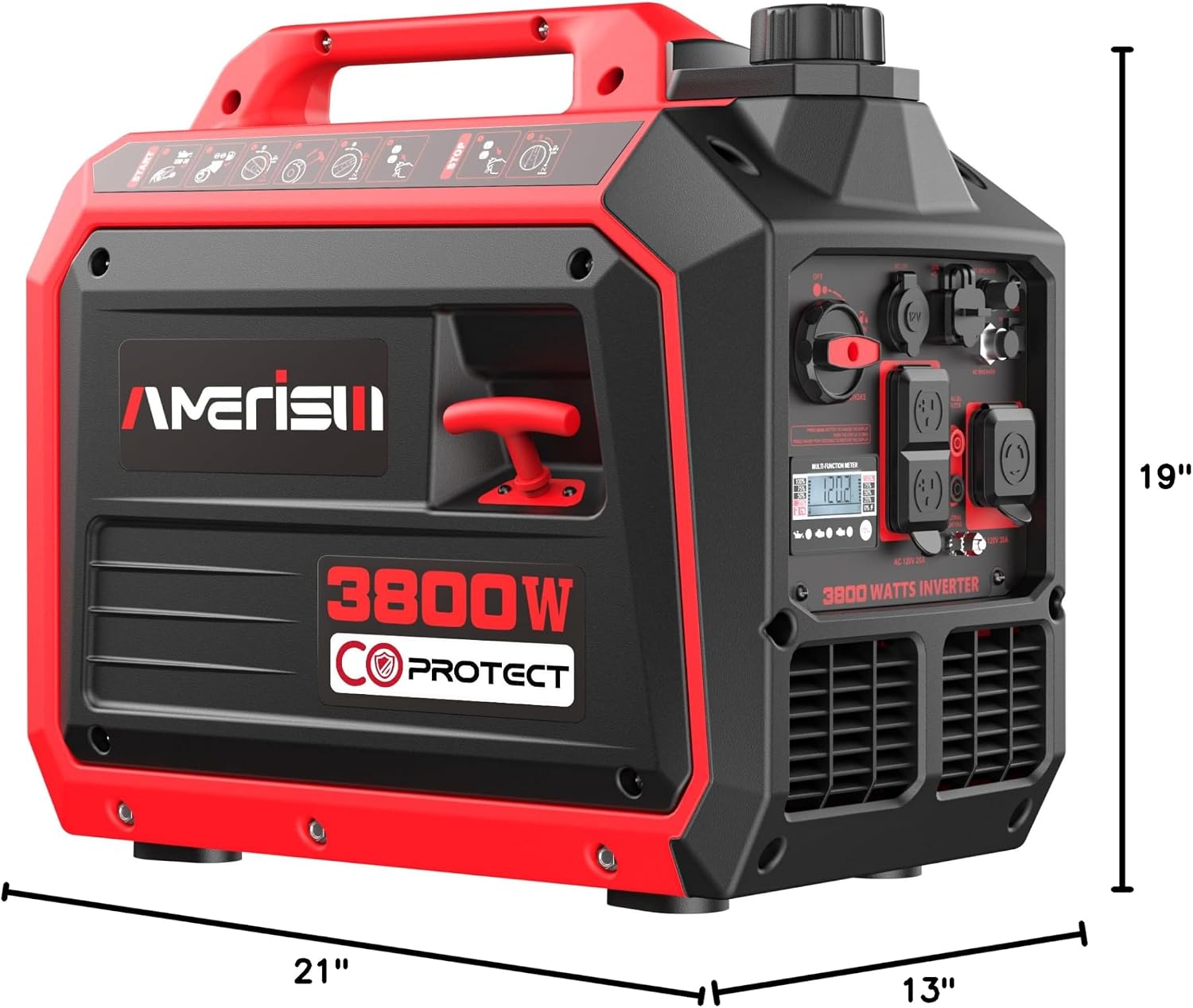 AMERISUN 3800W Gas Powered Portable Inverter Generator, Gas Generator with CO Sensor ECO Mode Digital Display, Parallel Capable EPA Compliant Long Runtime for Camping Tailgating Home Quiet Lightweight