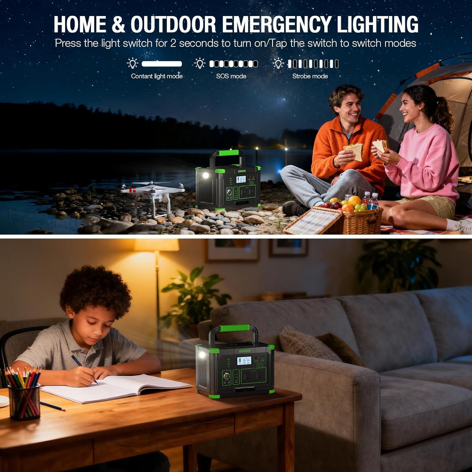 1000W Portable Power Station, 999Wh Solar Generator Backup Battery with Pure Sine Wave, Solar/AC/Car Chargable for Camping, RV, Home Emergency & Outdoor Adventures