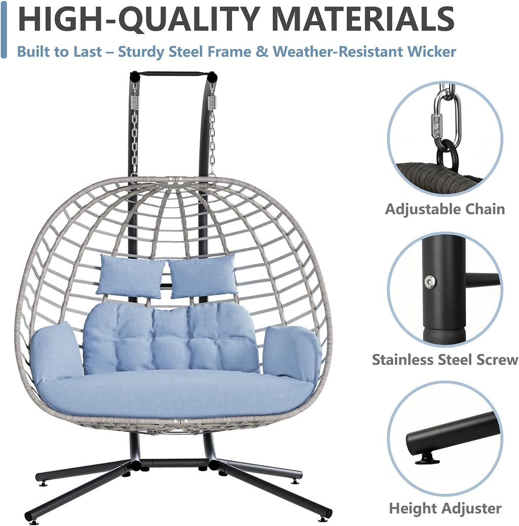 SWITTE Double Egg Swing Chair with Stand, Outdoor Patio 2 Person Hanging Wicker Hammock Chairs with Cushion for Indoor Bedroom, Lawn, Garden-Light Blue