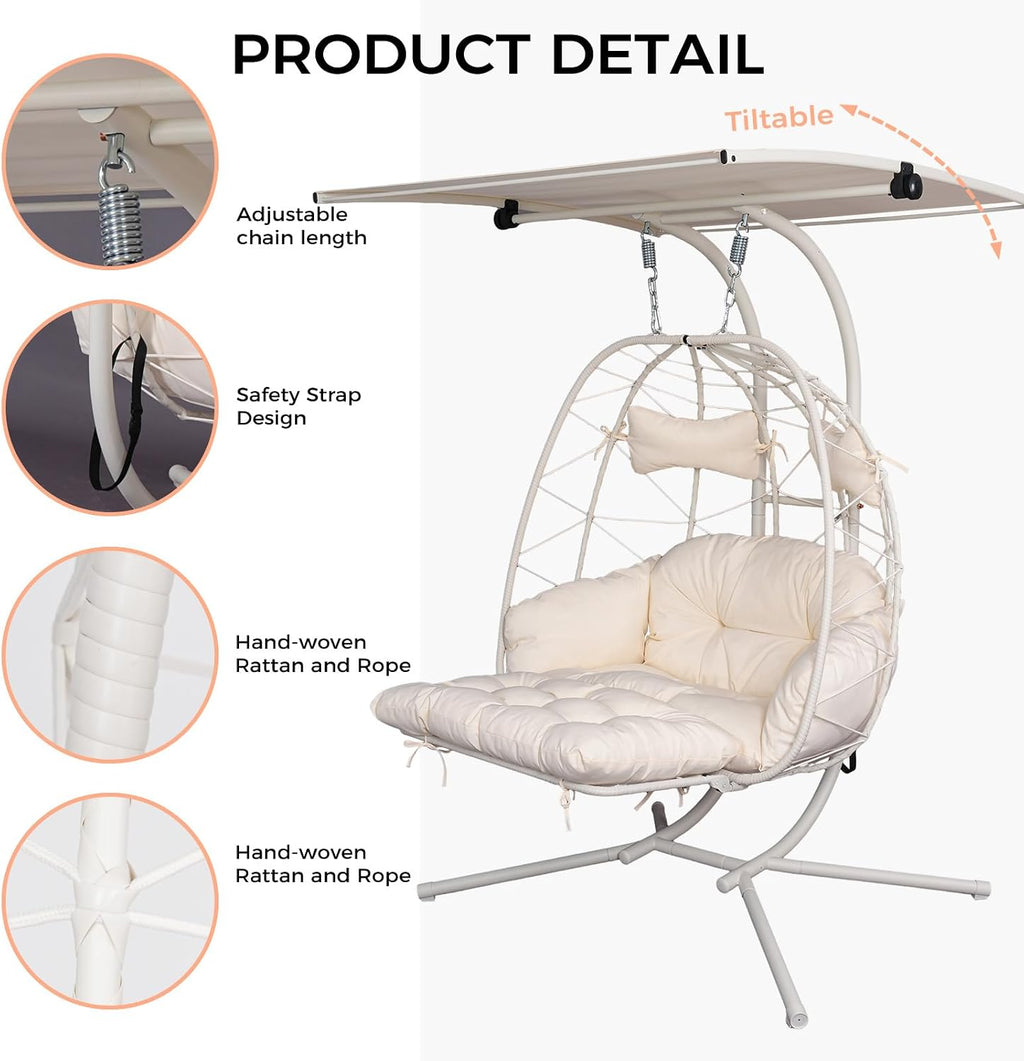 Double Egg Chair Outdoor with Stand & Canopy, 2 Person Hanging Egg Chair with Footrest, Oversized Rattan Wicker Egg Swing Chair for Bedroom Garden, 660Lbs (White with Light)