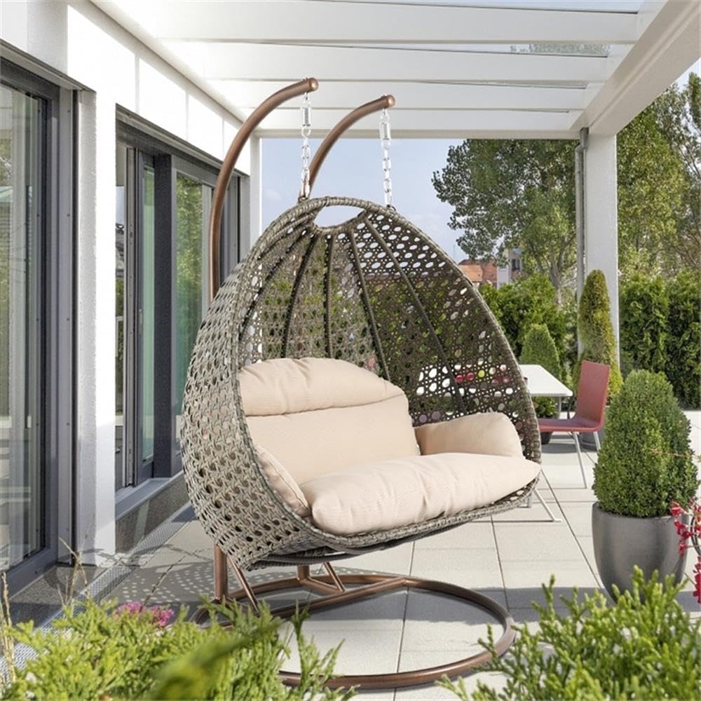 LeisureMod 2 Person Wicker Egg Chair Outdoor Indoor Bedroom Patio Hanging Lounge Swing Hammock Chairs with Beige Stand and UV Resistant Cushions (Beige)