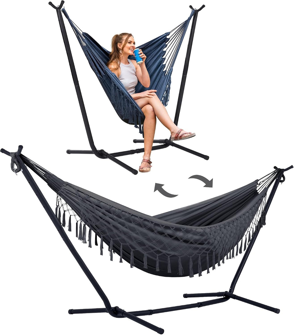 SUNCREAT 2-in-1 Hammocks Convertible Portable Double Hammock with Stand Included, Outdoor Hammock and Stand, Patented, Dark Grey with Tassel