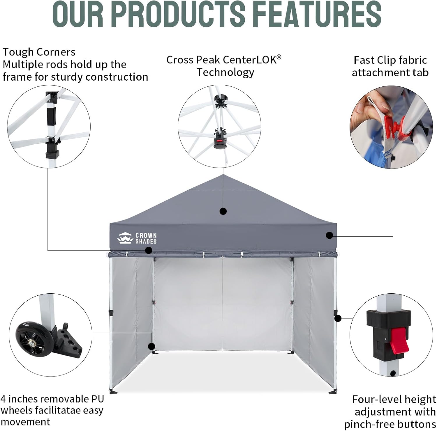 CROWN SHADES 10x10 Pop Up Canopy Tent Instant Commercial 1-Person Setup Patended Centerlock with 400D Fabric, 4 Sidewalls, 4' Wheels, 4 Upgraded Weights, Sto'N Go Bag, Gray