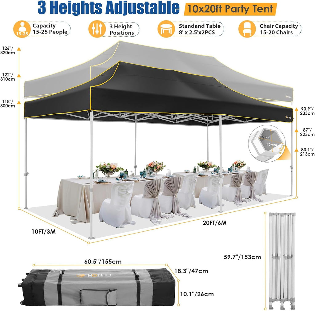 HOTEEL 10x20 Heavy Duty Pop up Canopy Tent with 6 Sidewalls, Easy Setup Outdoor Commercial Instant Tent for Parties Wedding Event, with Roller Bag & Sand Bags, Black(Hexagonal Frame)