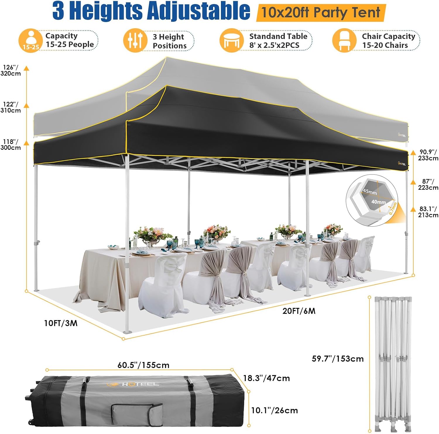HOTEEL 10x20 Heavy Duty Pop up Canopy Tent with 6 Sidewalls, Easy Setup Outdoor Commercial Instant Tent for Parties Wedding Event, with Roller Bag & Sand Bags, Black(Hexagonal Frame)