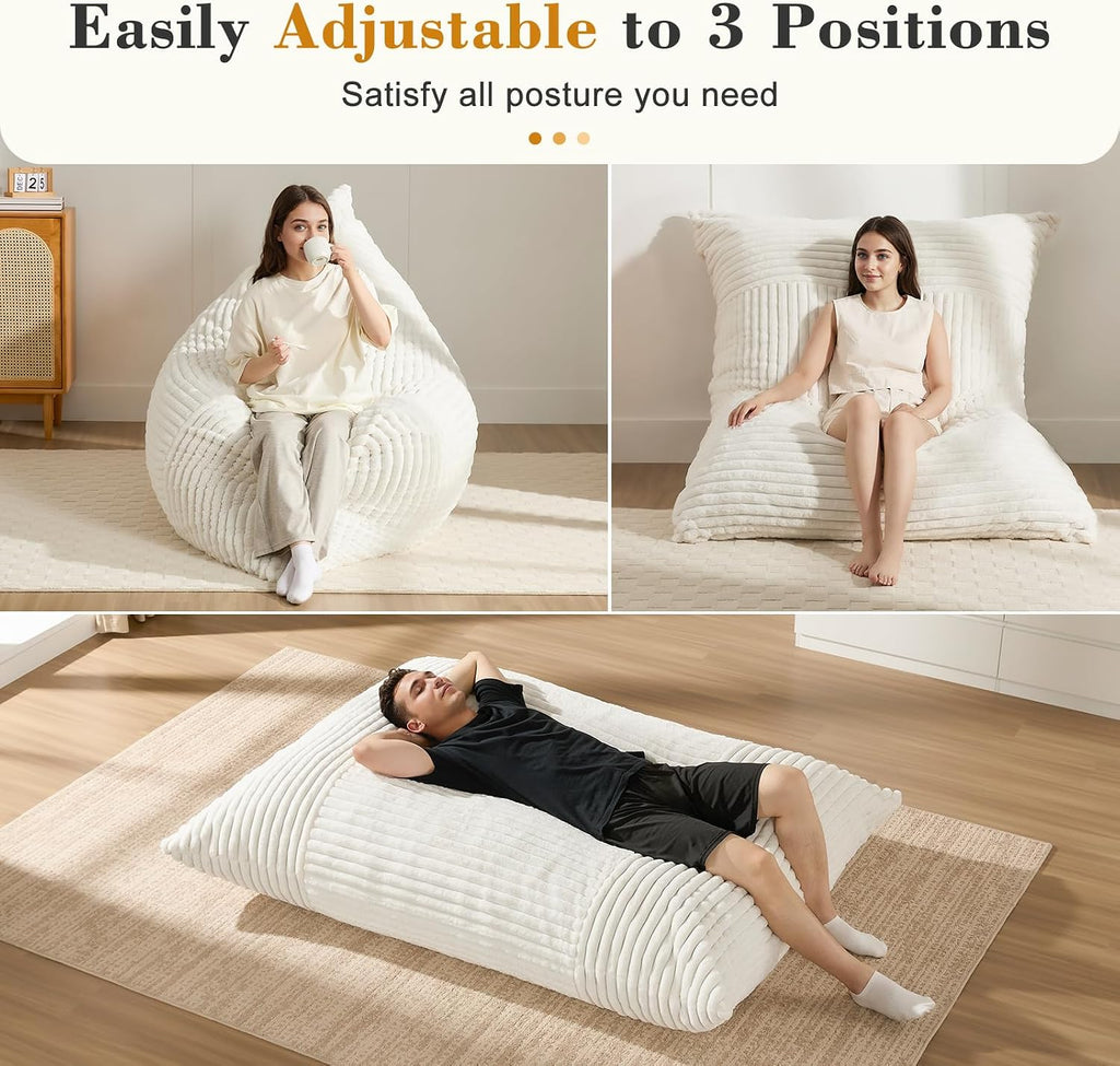 3-in-1 Giant Bean Bag Chair for Adults & Kids, Convertible Floor Sofa to Mattress, High-Density Foam Chair Bed with Washable Cover, Multi Functional Lounge Couch for Bedroom, Living Room (Beige)