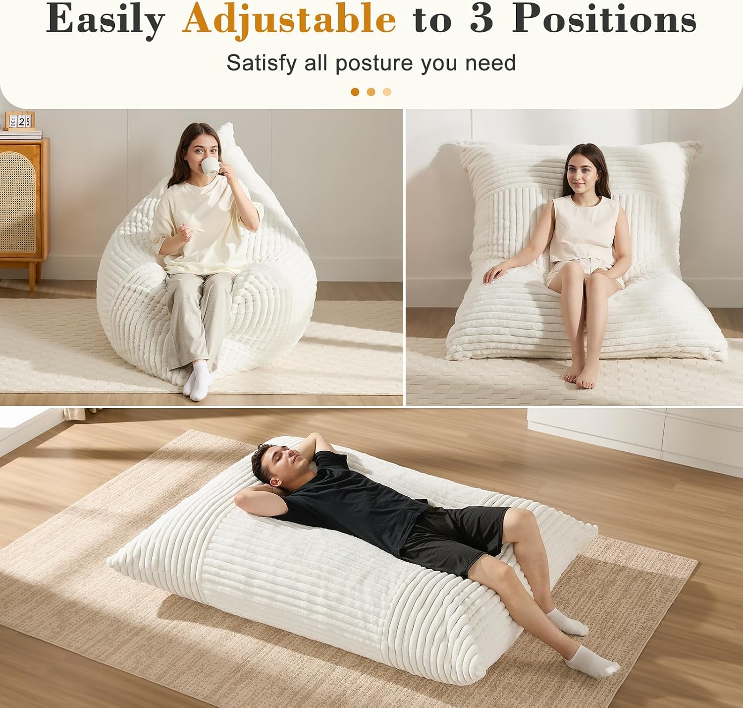 3-in-1 Giant Bean Bag Chair for Adults & Kids, Convertible Floor Sofa to Mattress, High-Density Foam Chair Bed with Washable Cover, Multi Functional Lounge Couch for Bedroom, Living Room (Beige)