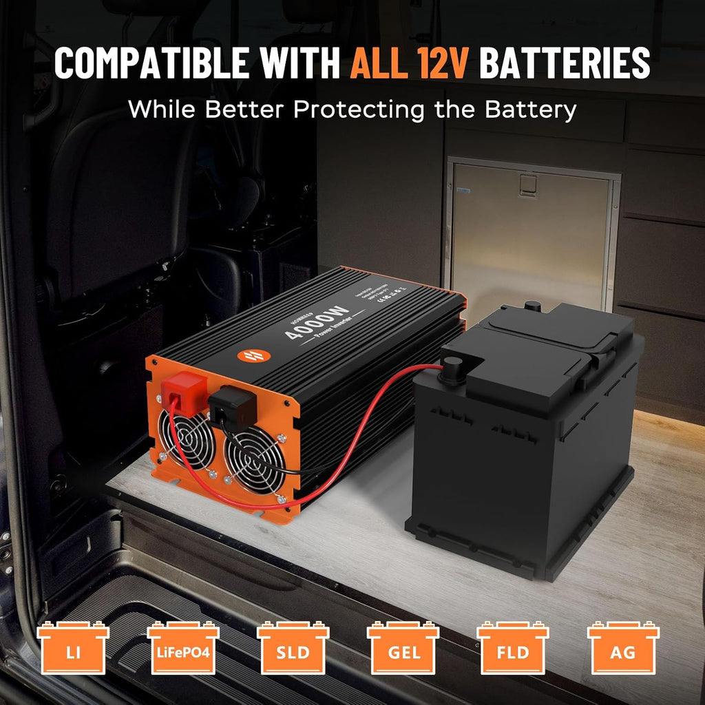 4000 Watt Power Inverter 12V DC to 110V/120V AC Converter Peak Power 8000W Car Inverter with LCD Display 4 AC Outlets, 2 USB & Type-C Port for RV,Truck,Off-Grid Solar System with Remote Controller