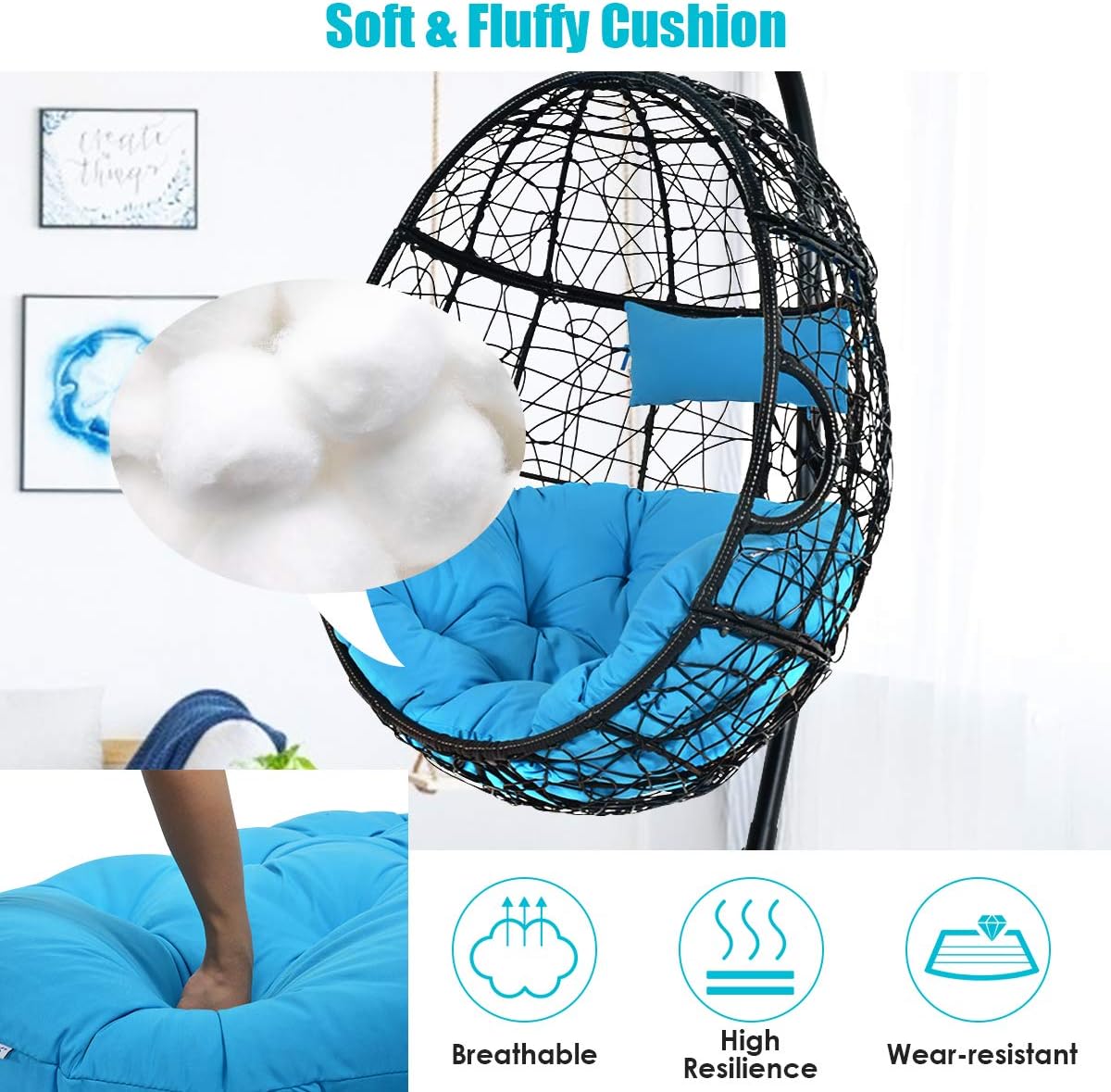 Giantex Hanging Egg Chair, 36.5-Width Oversized Swing Chair with C-Hammock Stand Set, Hammock Chair with Soft Seat Cushion & Pillow, Multifunctional Hanging Chairs for Outdoor Indoor Bedroom (Blue)