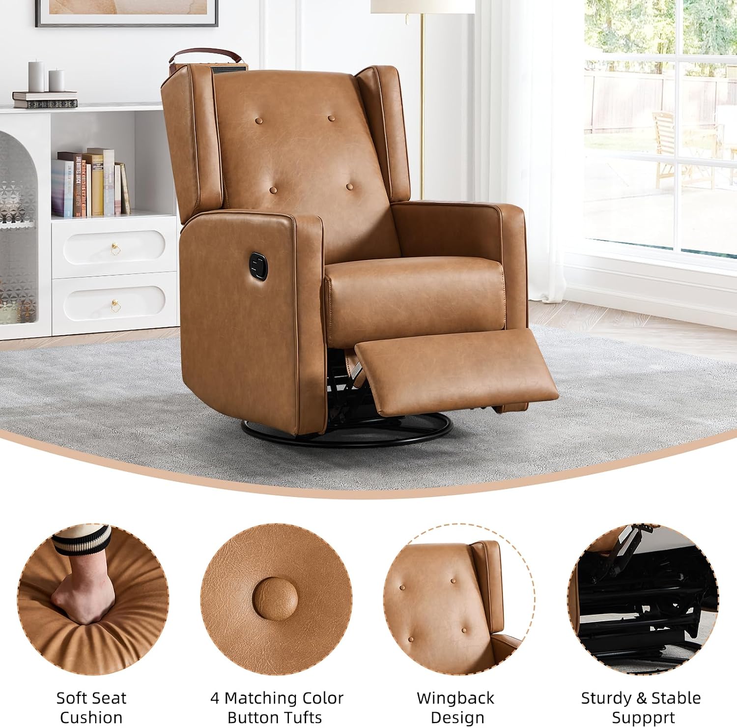 CANMOV Swivel Rocker Recliner Chair, Rocking Chair Nursery Glider Recliner, Manual Glider Chair for Nursery (Brown)