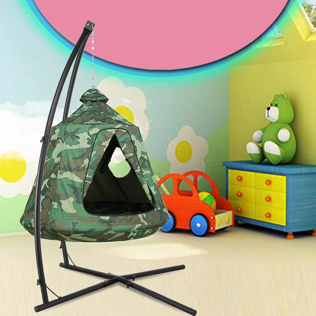 X-Shaped Hanging Tree Tent w/Swing Chair,Hammock Chair Stand Canopy w/Steel Frame,Indoor Outdoor Egg Basket Patio Seat w/Adjustable Solid Stand,Bedroom Porch Balcony Garden 330lb (Camouflage)