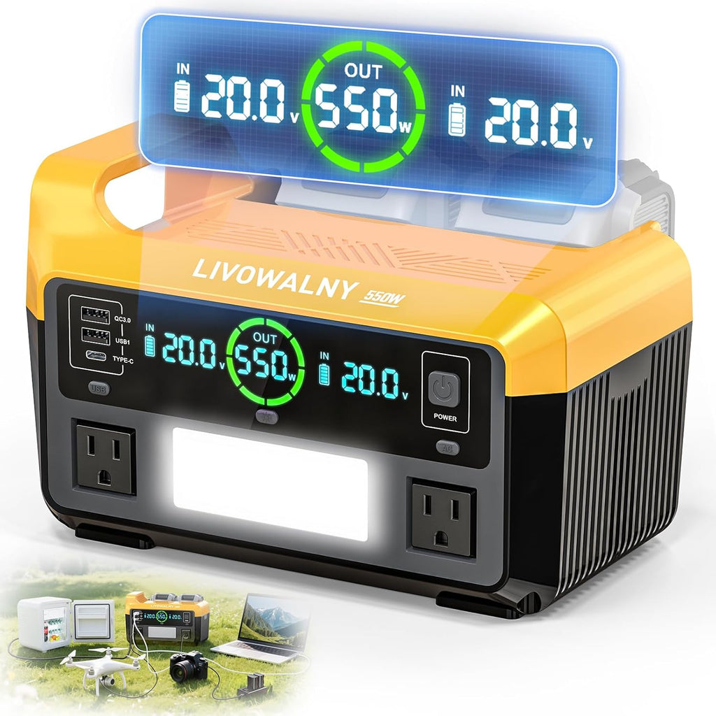LIVOWALNY 550W Power Inverter Compatible with DeWALT 20V Battery, DC 20V to AC 110-120V Pure Sine Wave Power Station with 2 AC Outlets, 2 USB-A & 1 Type-C, for Camping Power Outage (No Battery)